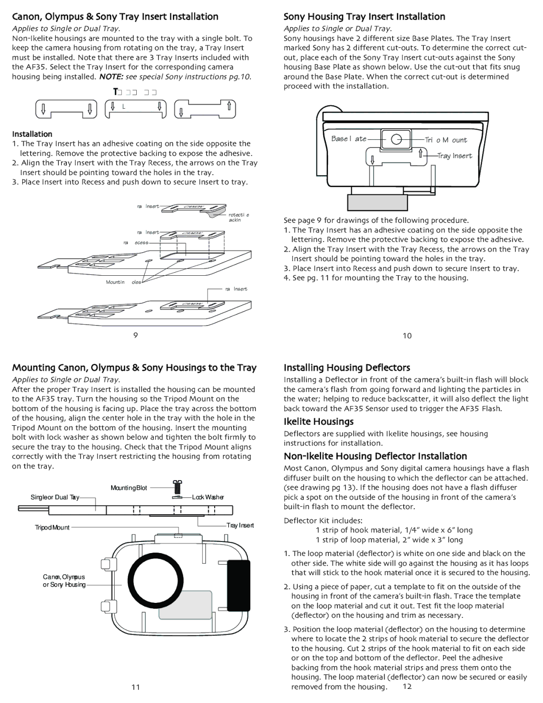 Ikelite AF35 instruction manual Sony Housing Tray Insert Installation, Installing Housing Deflectors, Ikelite Housings 