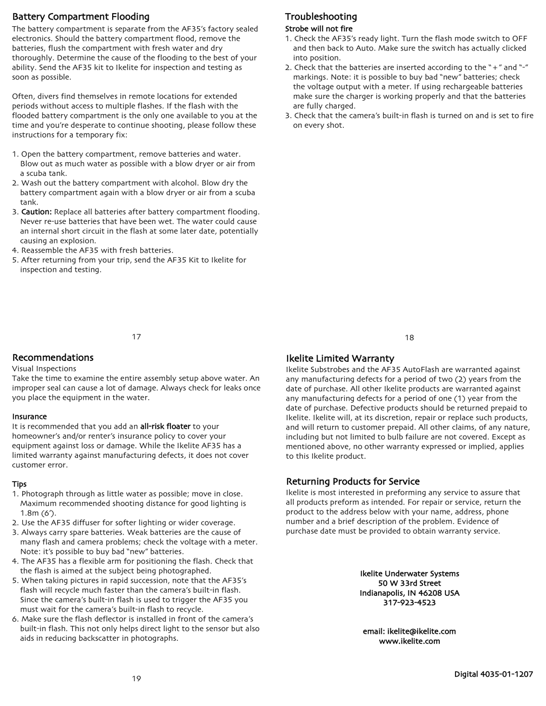 Ikelite AF35 Battery Compartment Flooding, Troubleshooting, Recommendations Visual Inspections, Ikelite Limited Warranty 