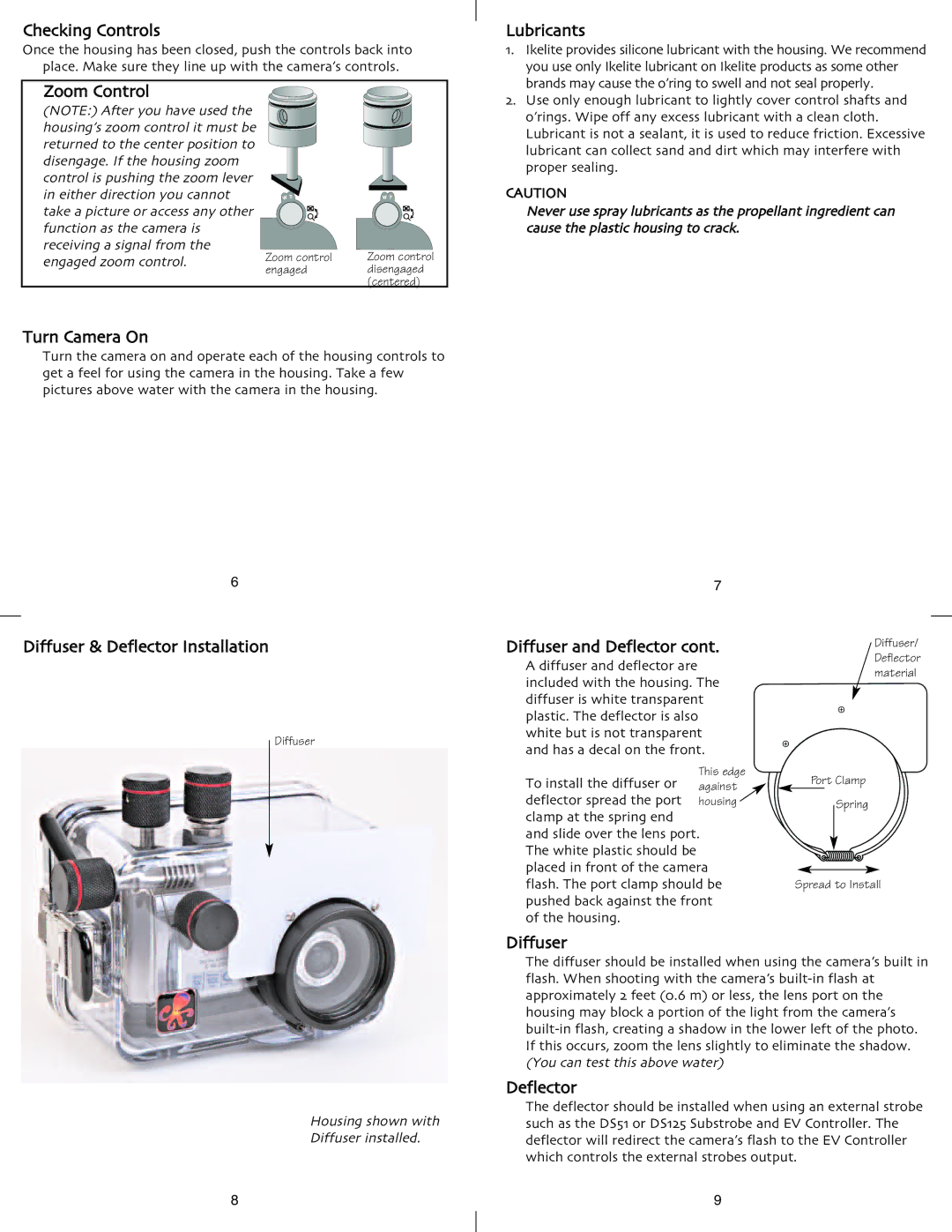 Ikelite C-60 Checking Controls, Zoom Control, Turn Camera On, Diffuser & Deflector Installation, Lubricants 