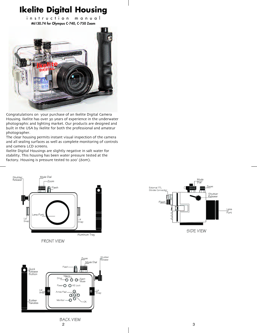 Ikelite C-740, C-750 instruction manual Ikelite Digital Housing 