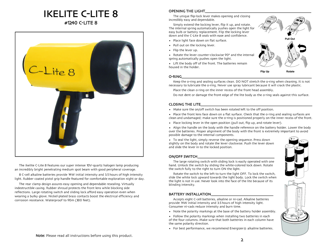 Ikelite C-Lite 8 manual Ikelite C-LITE, #1240 C-LITE, Battery Installation 