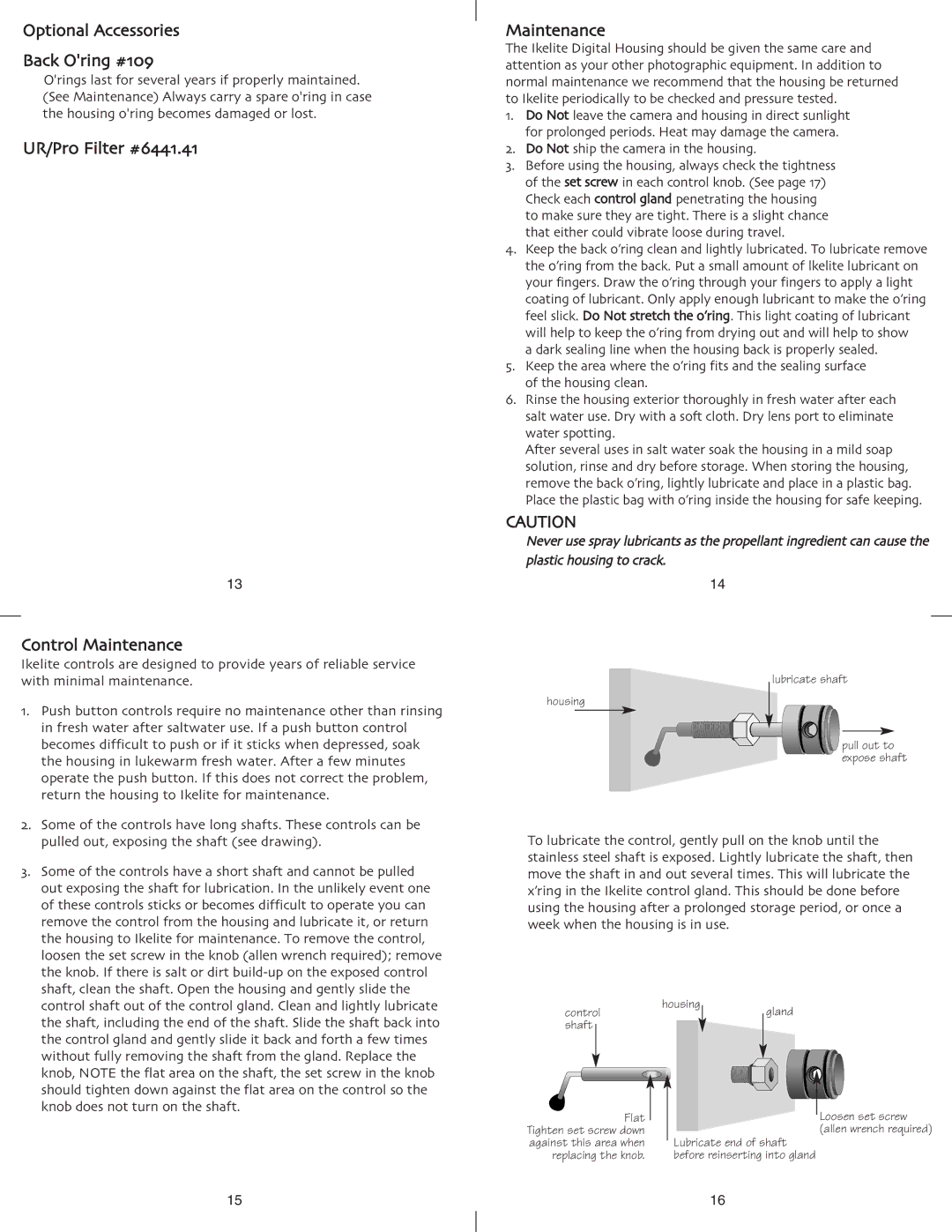 Ikelite Coolpix 8400 instruction manual Optional Accessories Back Oring #109, UR/Pr0 Filter #6441.41 Control Maintenance 