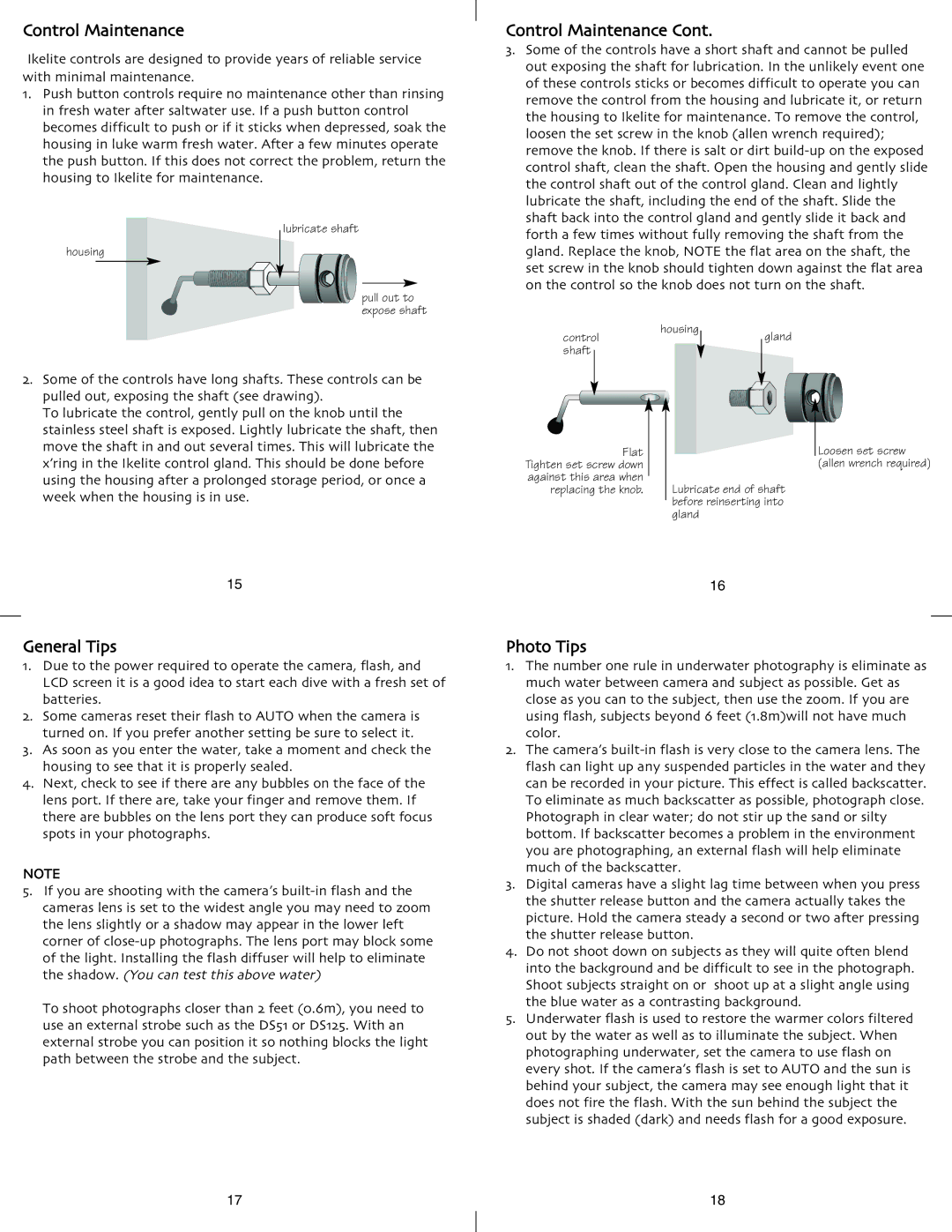 Ikelite Coolpix L1 instruction manual Control Maintenance, General Tips, Photo Tips 