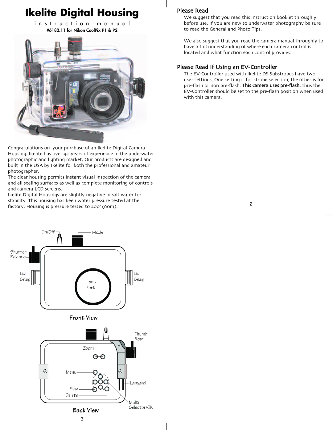 Ikelite Coolpix P1, Coolpix P2 instruction manual Please Read If Using an EV-Controller 