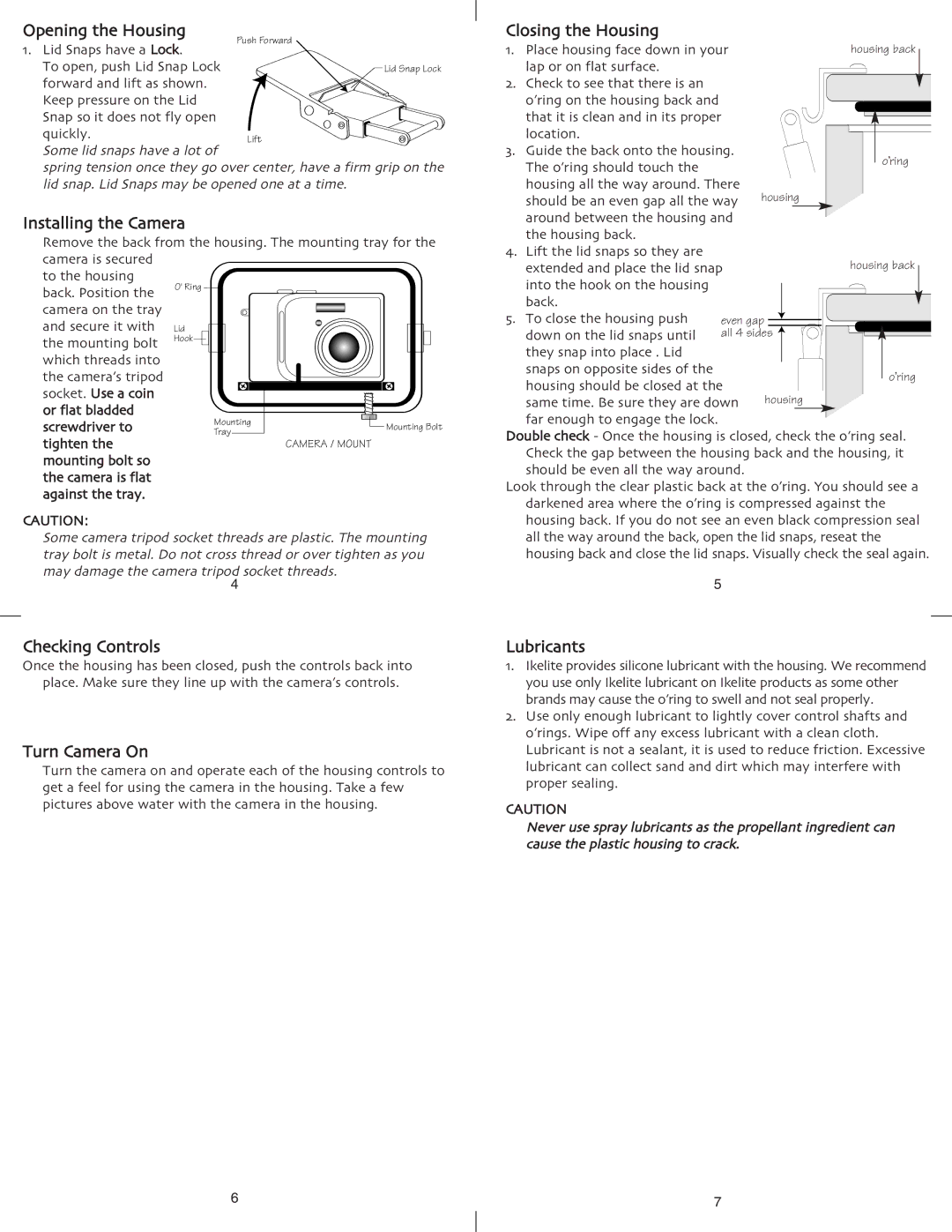 Ikelite Coolpix P2, Coolpix P1 Installing the Camera, Checking Controls, Turn Camera On, Closing the Housing, Lubricants 