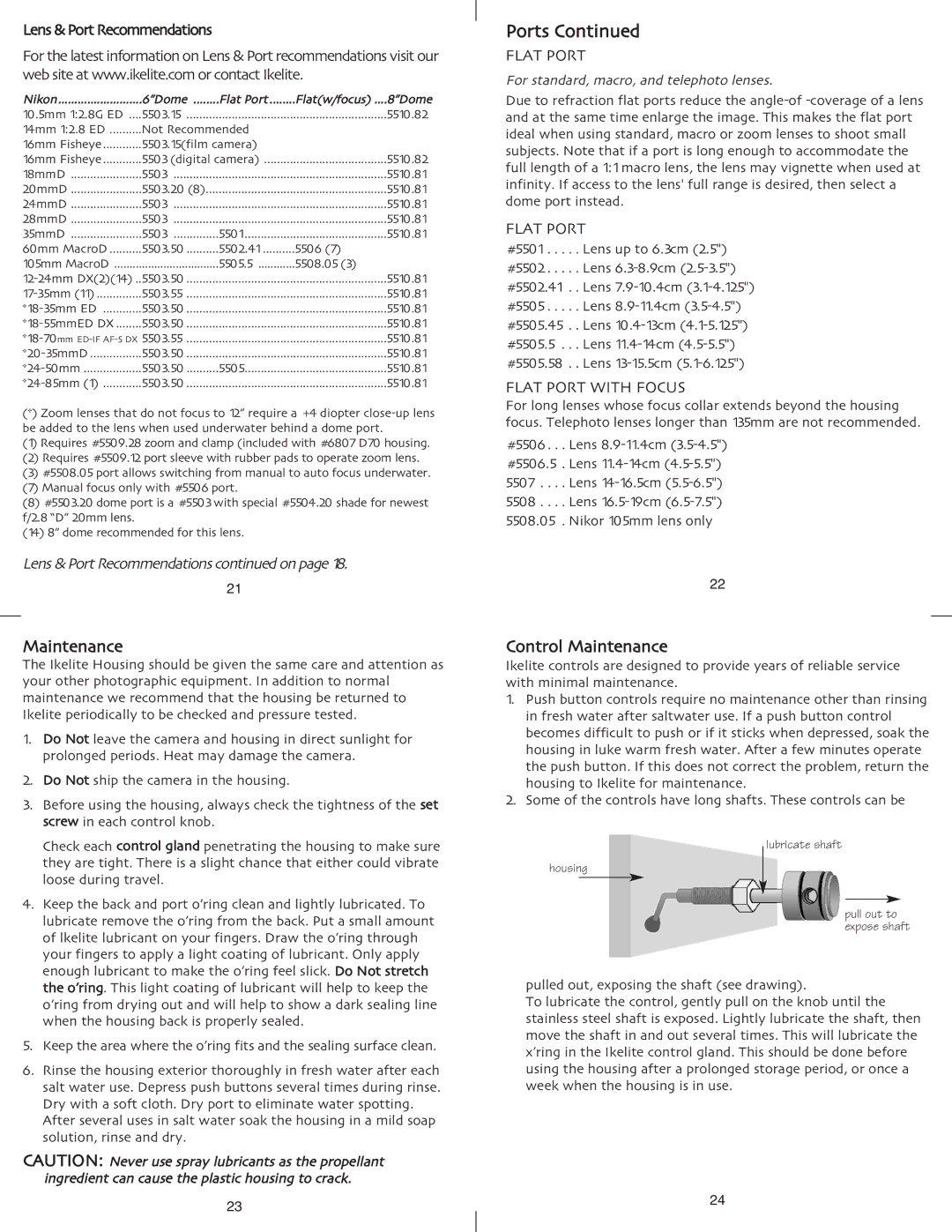 Ikelite D200 instruction manual Control Maintenance, Flat Port with Focus 