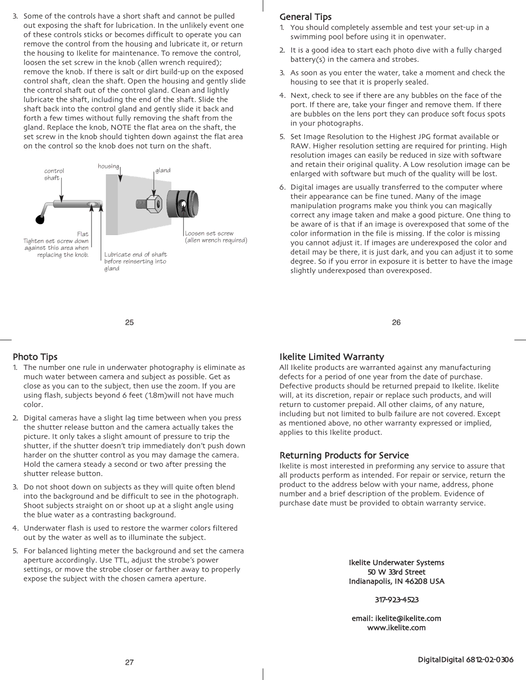 Ikelite D200 instruction manual General Tips, Photo Tips, Ikelite Limited Warranty, Returning Products for Service 