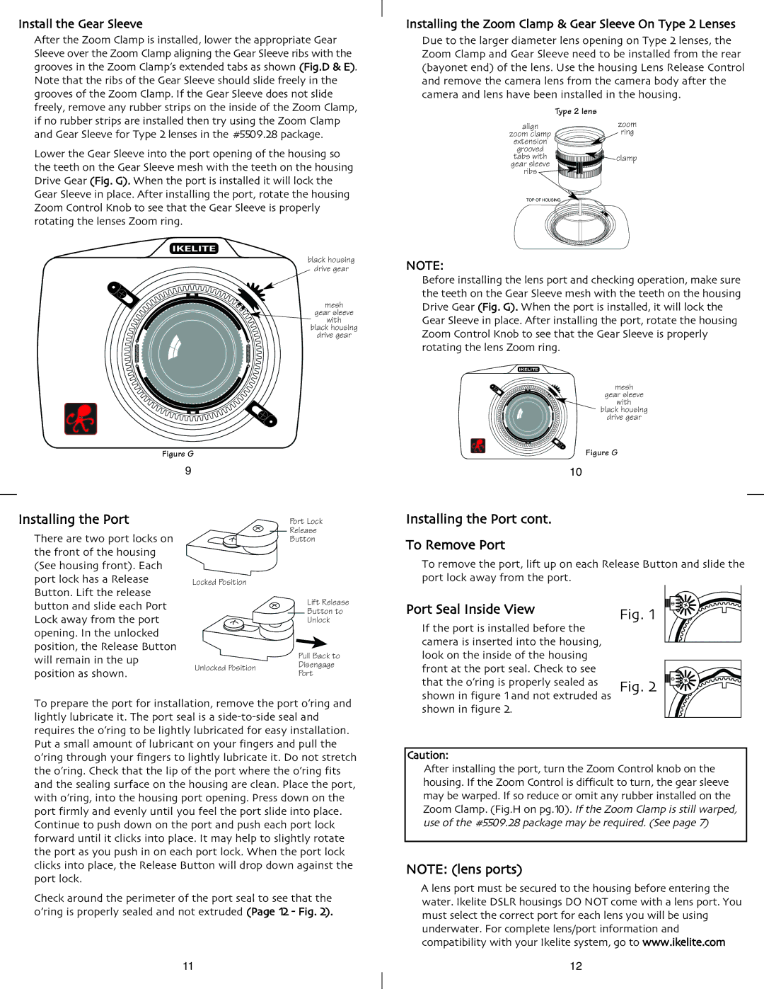 Ikelite D700 instruction manual Installing the Port To Remove Port, Port Seal Inside View, Install the Gear Sleeve 