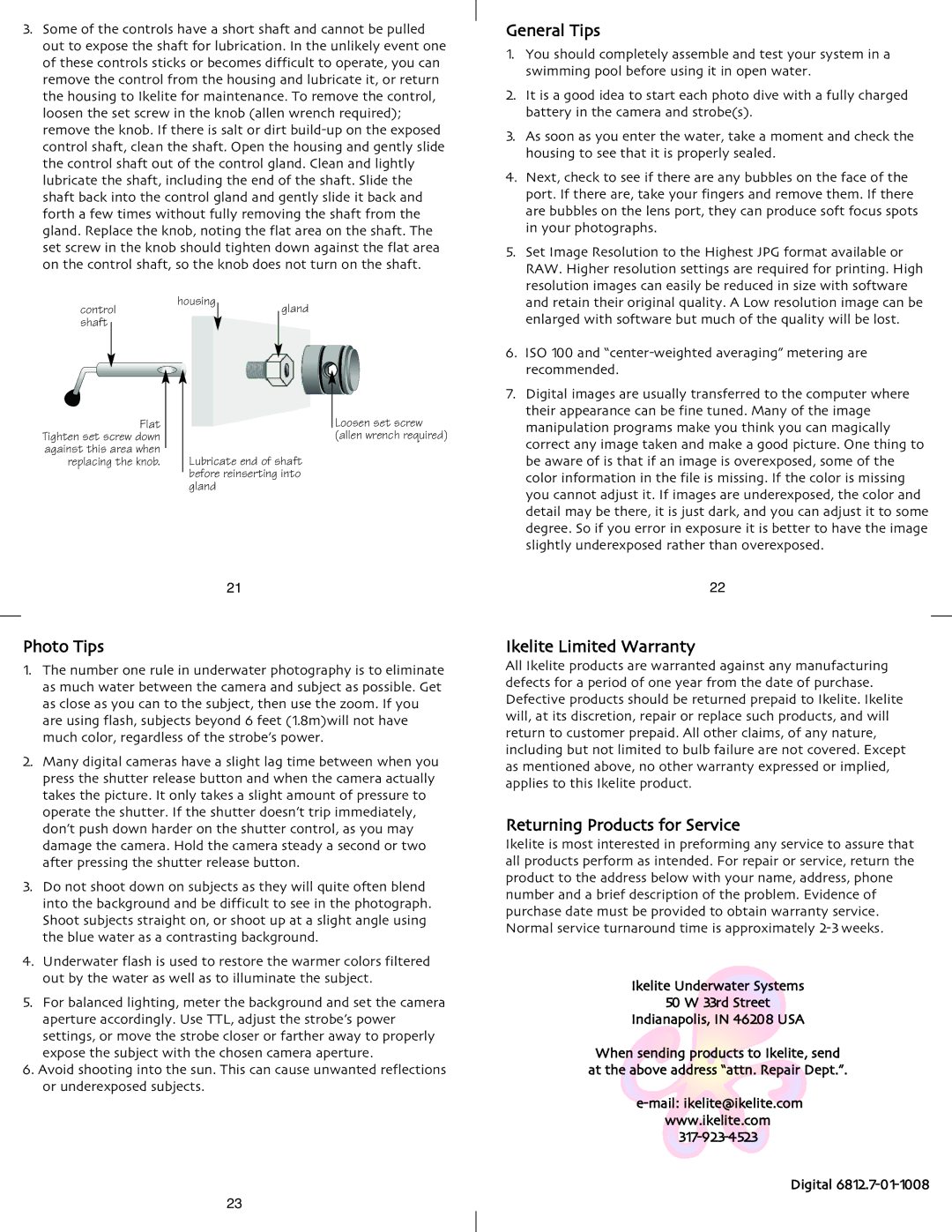 Ikelite D700 instruction manual General Tips, Photo Tips, Ikelite Limited Warranty, Returning Products for Service 