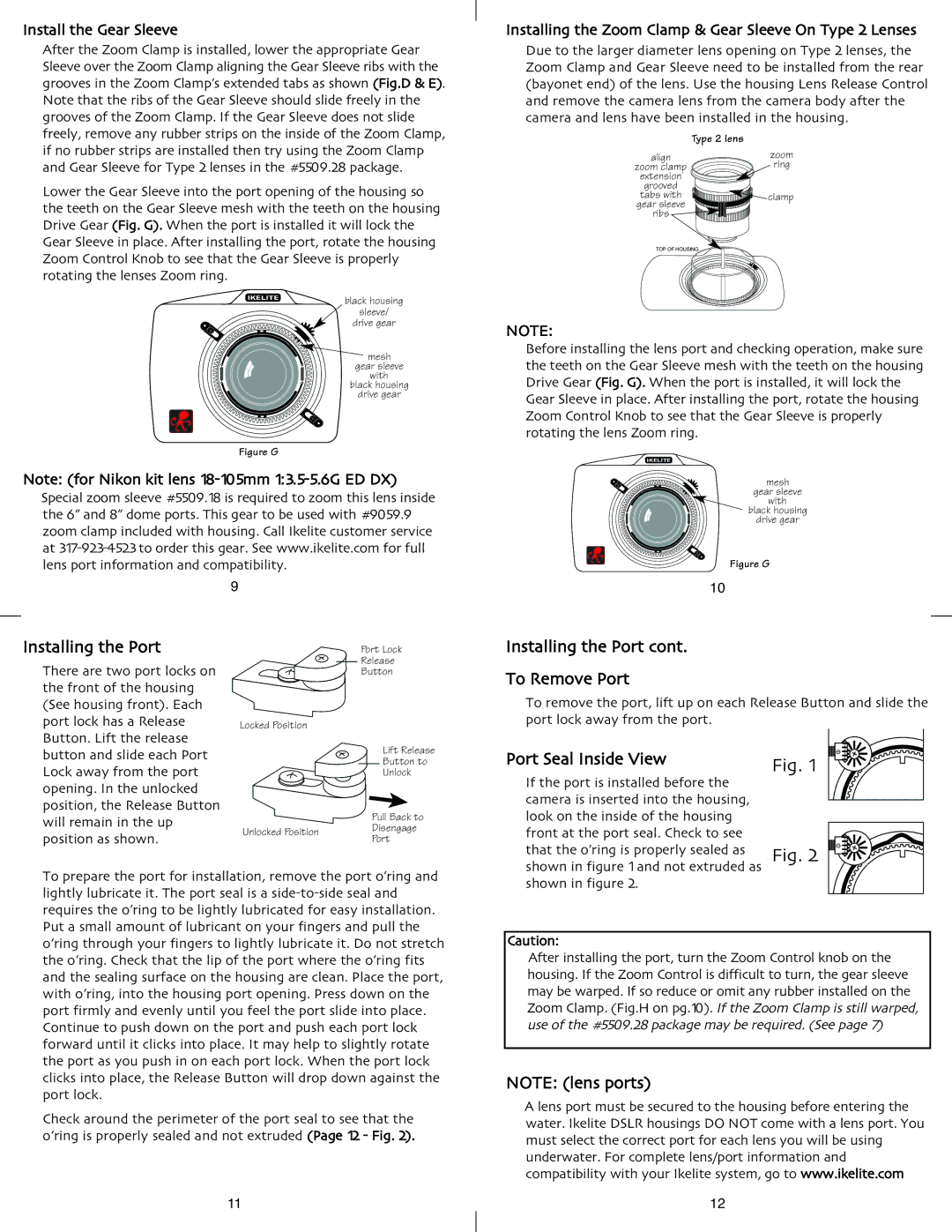 Ikelite D90 instruction manual Installing the Port To Remove Port, Port Seal Inside View, Install the Gear Sleeve 