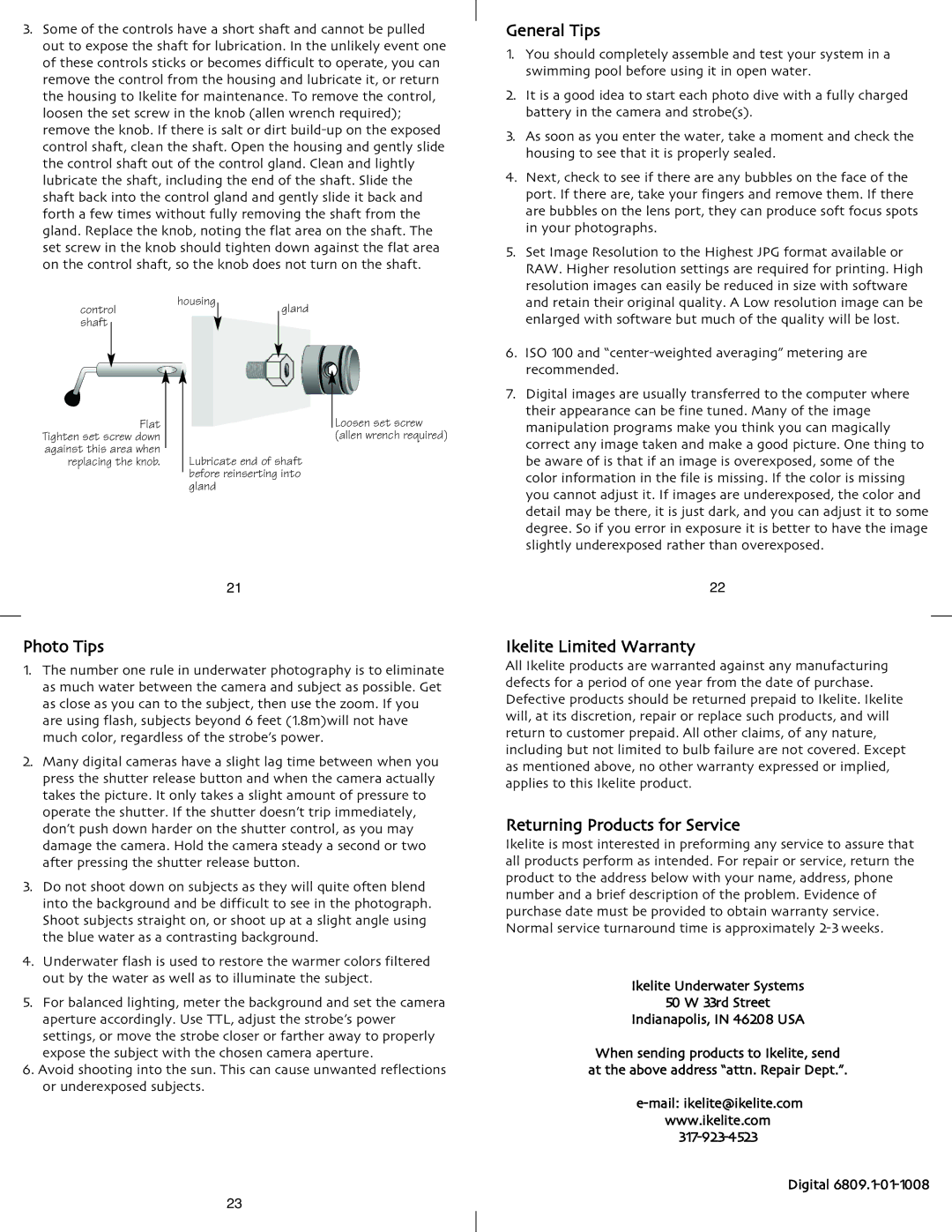 Ikelite D90 instruction manual General Tips, Photo Tips, Ikelite Limited Warranty, Returning Products for Service 