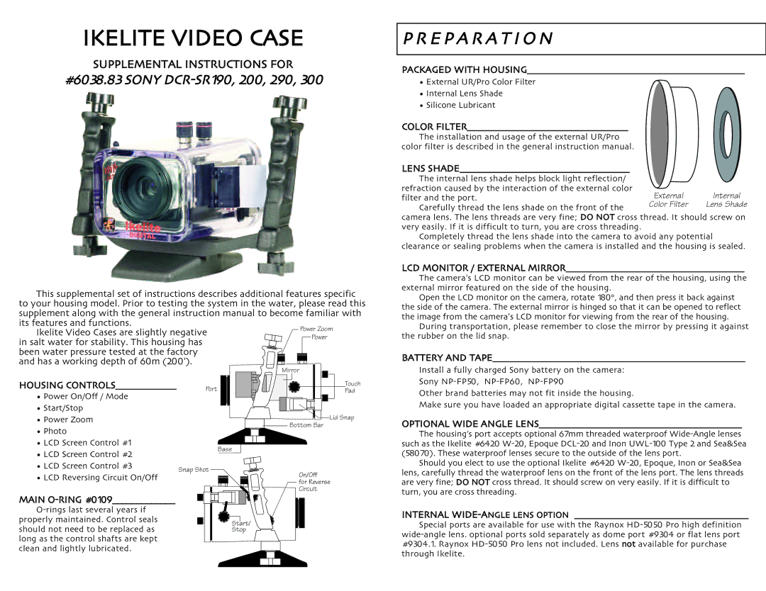 Ikelite instruction manual Ikelite Video Case, E P a R a T IO N, #6038.83 Sony DCR-SR190, 200, 290, Main O-RING #0109 