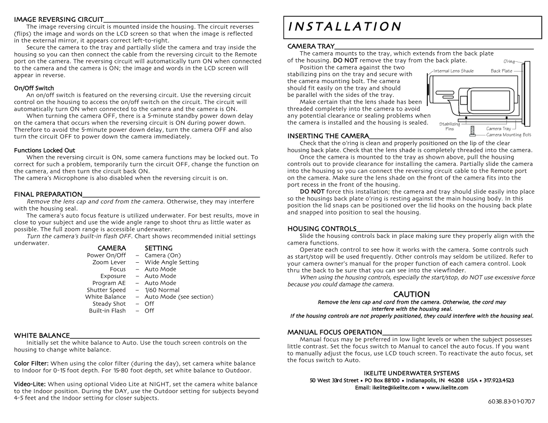 Ikelite DCR-SR200, DCR-SR300, DCR-SR190, DCR-SR290 instruction manual S T a L L a T IO N, Camera Setting, Inserting the Camera 