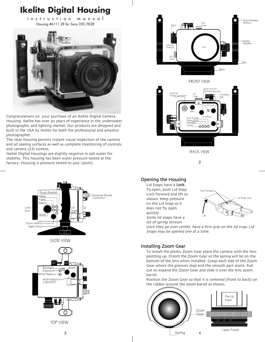 Ikelite DSC-F828 instruction manual Ikelite Digital Housing, Installing Zoom Gear 