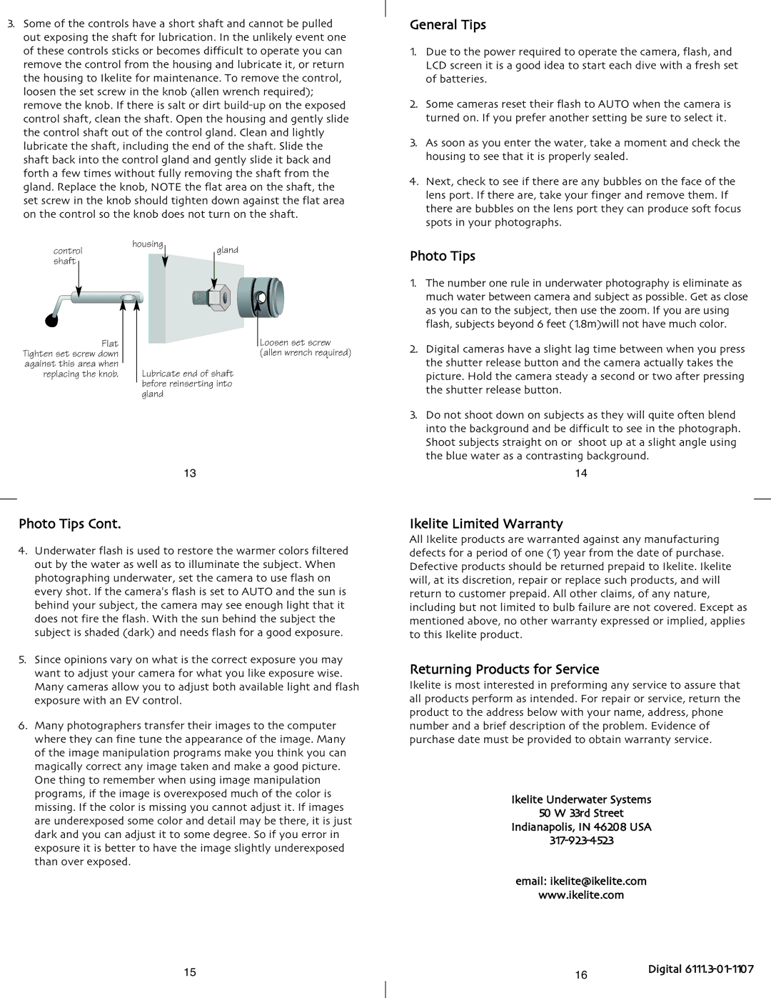 Ikelite DSC-H3 instruction manual General Tips, Photo Tips, Ikelite Limited Warranty, Returning Products for Service 