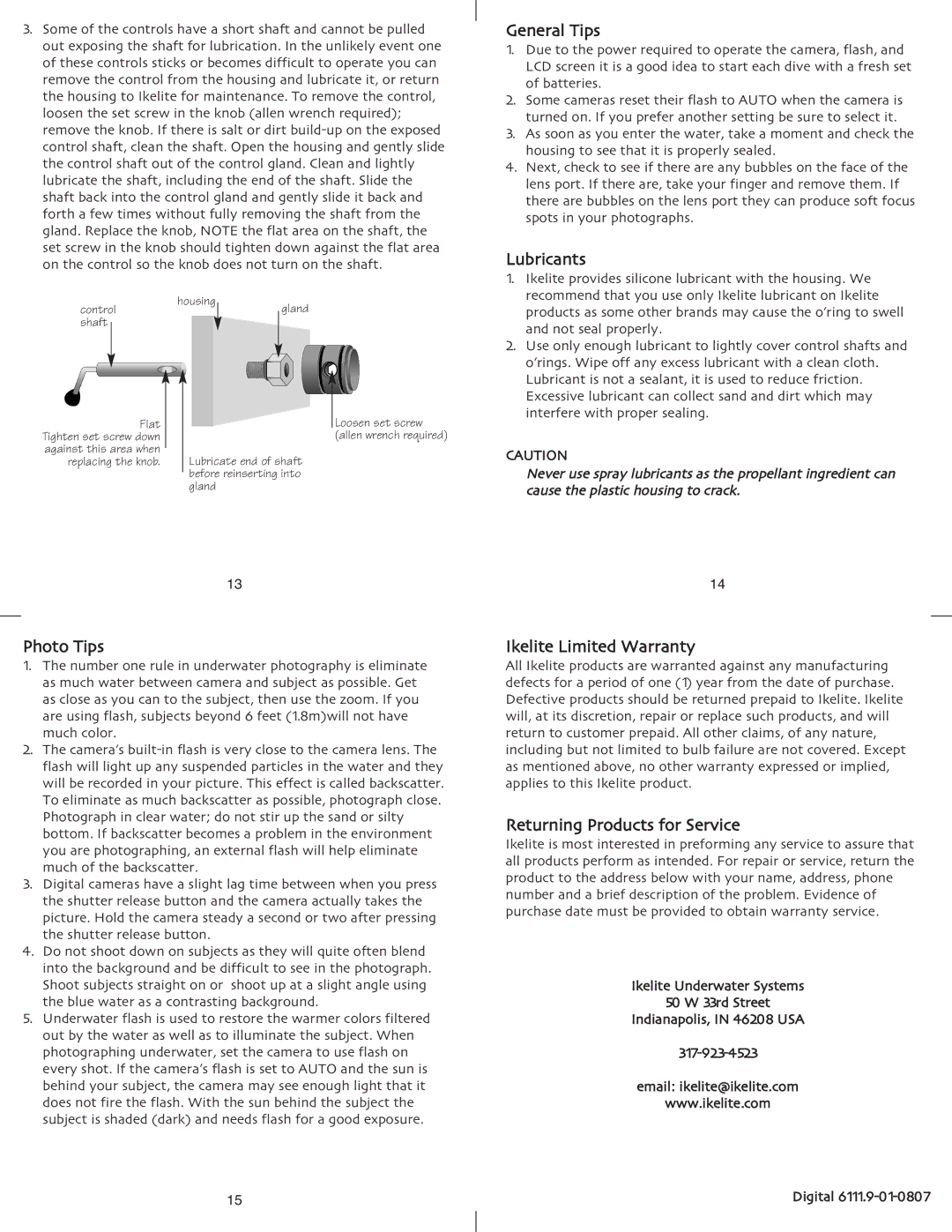 Ikelite DSC-H9, DSC-H7 General Tips, Lubricants, Photo Tips, Ikelite Limited Warranty, Returning Products for Service 