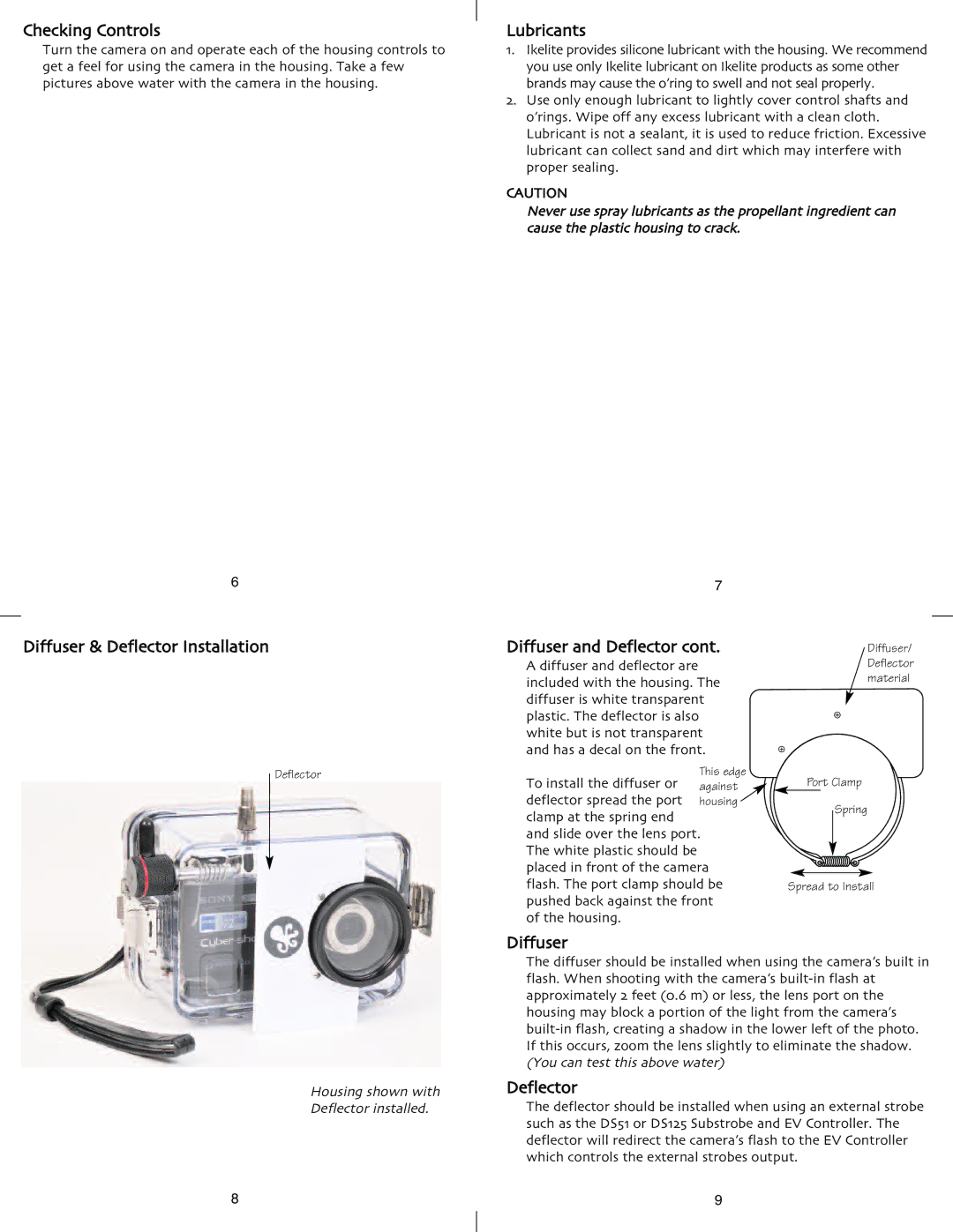 Ikelite DSC-P150 Checking Controls, Diffuser & Deflector Installation, Lubricants, Diffuser and Deflector 