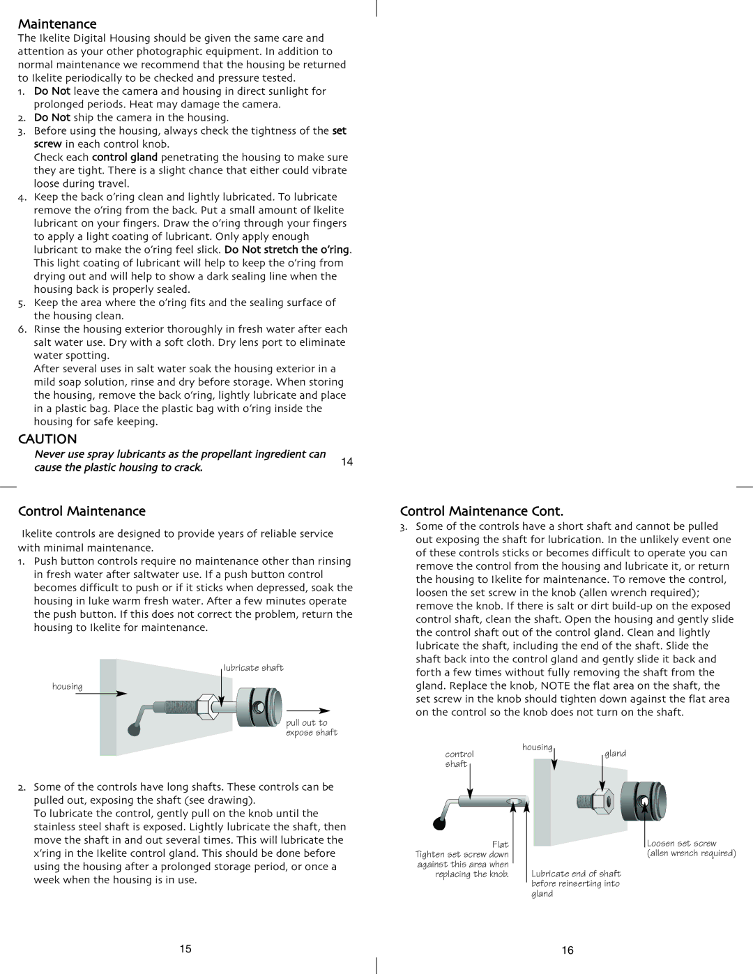 Ikelite DSC-P150 instruction manual Control Maintenance 