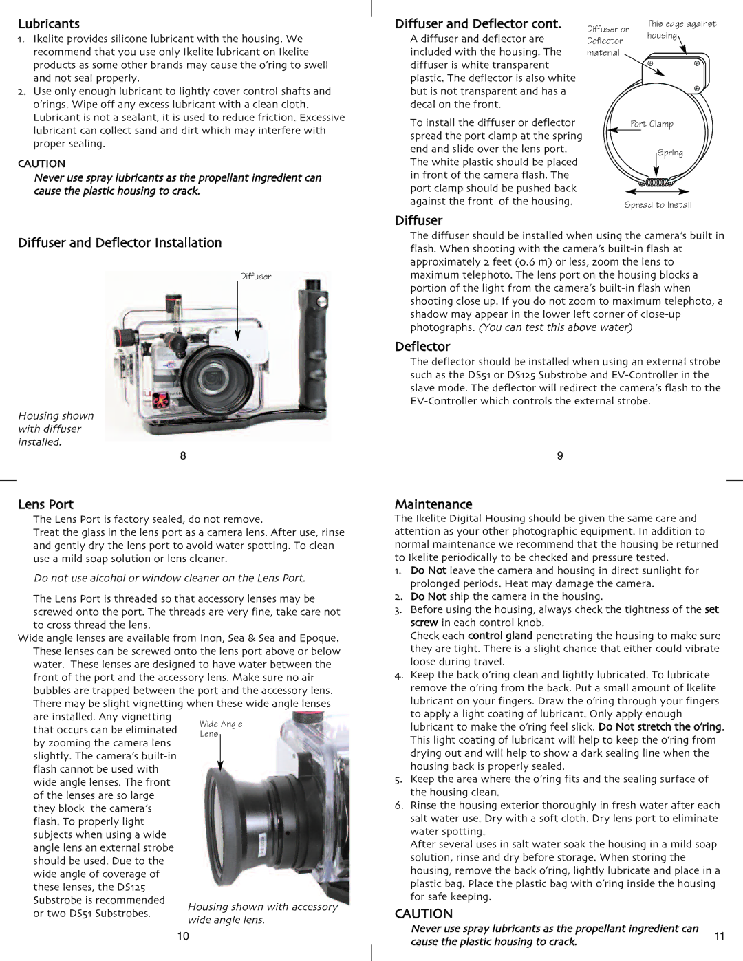 Ikelite DSC-V1 instruction manual Lubricants, Diffuser and Deflector Installation, Lens Port, Maintenance 