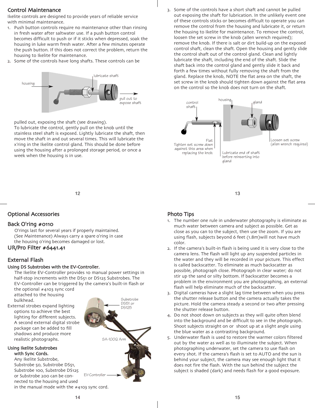 Ikelite DSC-V1 Control Maintenance, Optional Accessories Back Oring #0110, UR/Pro Filter #6441.41 External Flash 