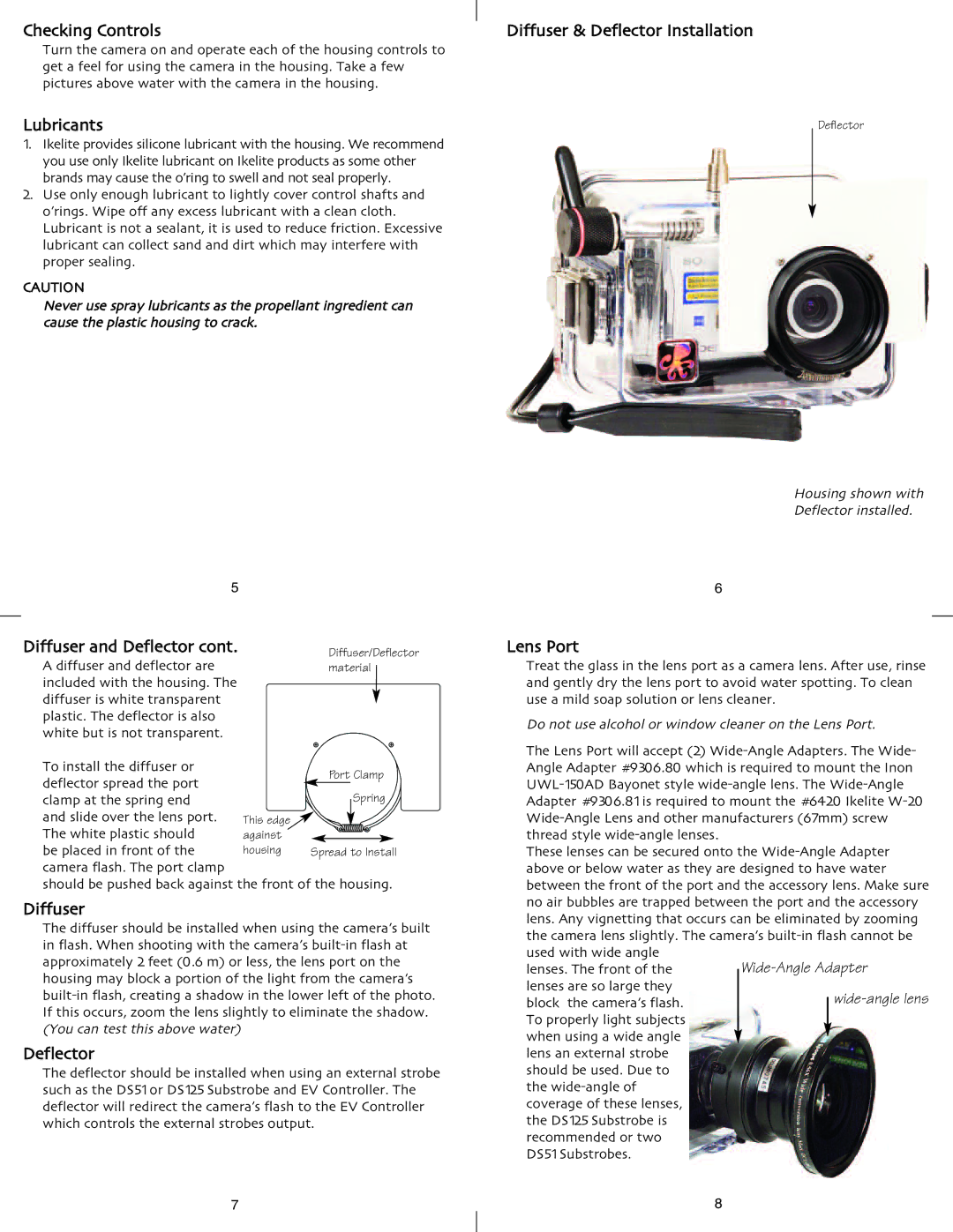 Ikelite DSC-W200 instruction manual Checking Controls, Lubricants, Diffuser & Deflector Installation, Lens Port 