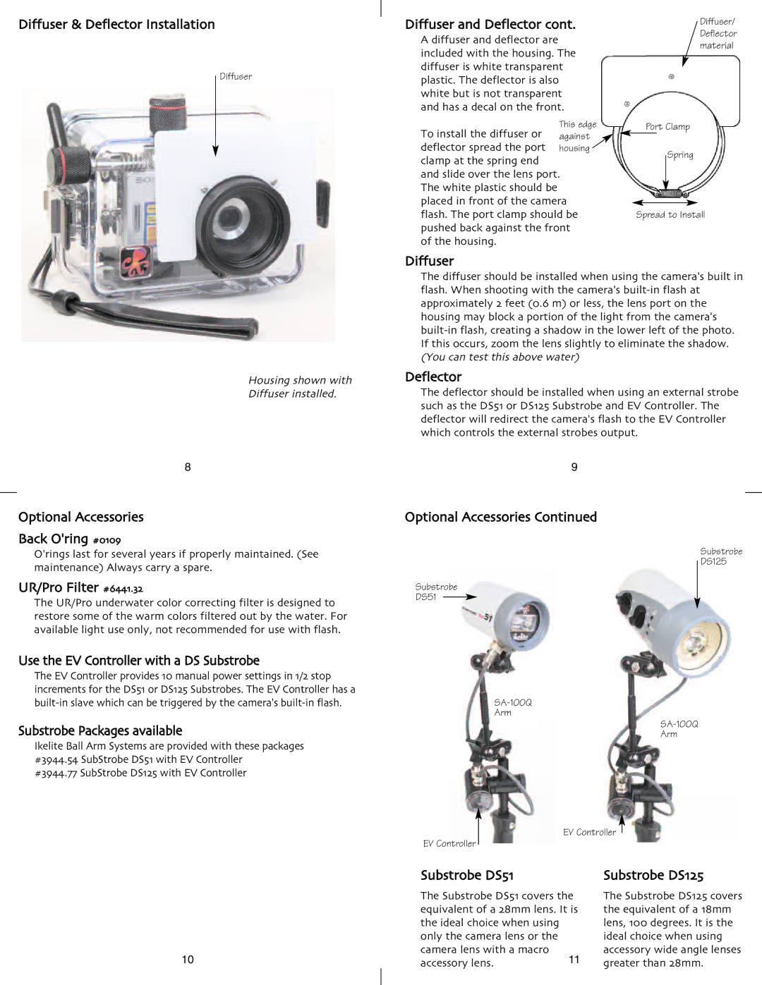 Ikelite DSC-W50 Diffuser & Deflector Installation, Optional Accessories Back Oring #0109, UR/Pro Filter #6441.32 