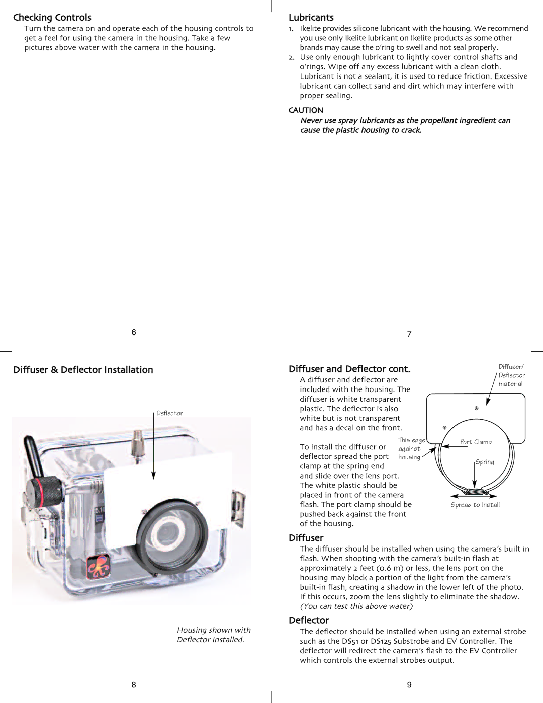 Ikelite DSC-W5, DSC-W7 Checking Controls, Diffuser & Deflector Installation, Lubricants, Diffuser and Deflector 