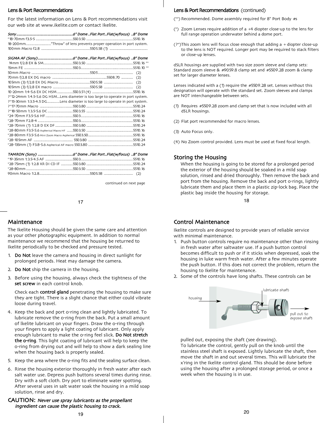 Ikelite DSLR-A100 instruction manual Storing the Housing, Control Maintenance, Lens & Port Recommendations 