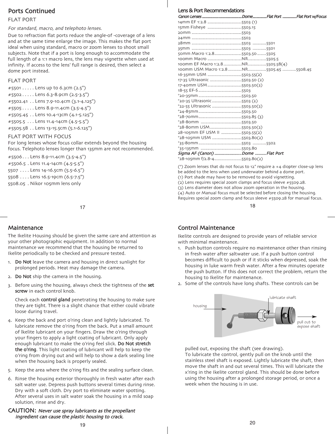 Ikelite EOS 10D instruction manual Control Maintenance, Flat Port with Focus, Lens & Port Recommendations 