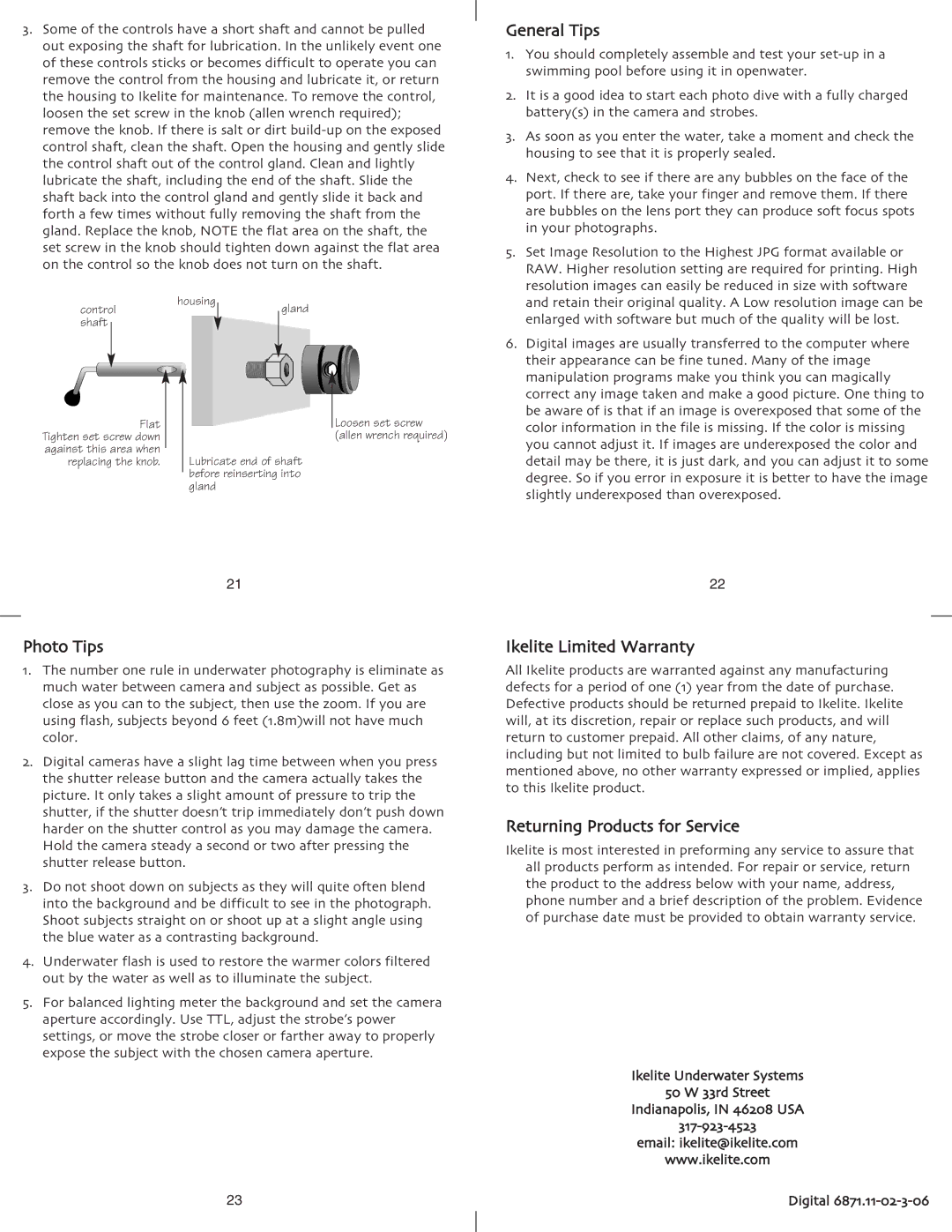 Ikelite EOS 10D instruction manual General Tips, Photo Tips, Ikelite Limited Warranty, Returning Products for Service 