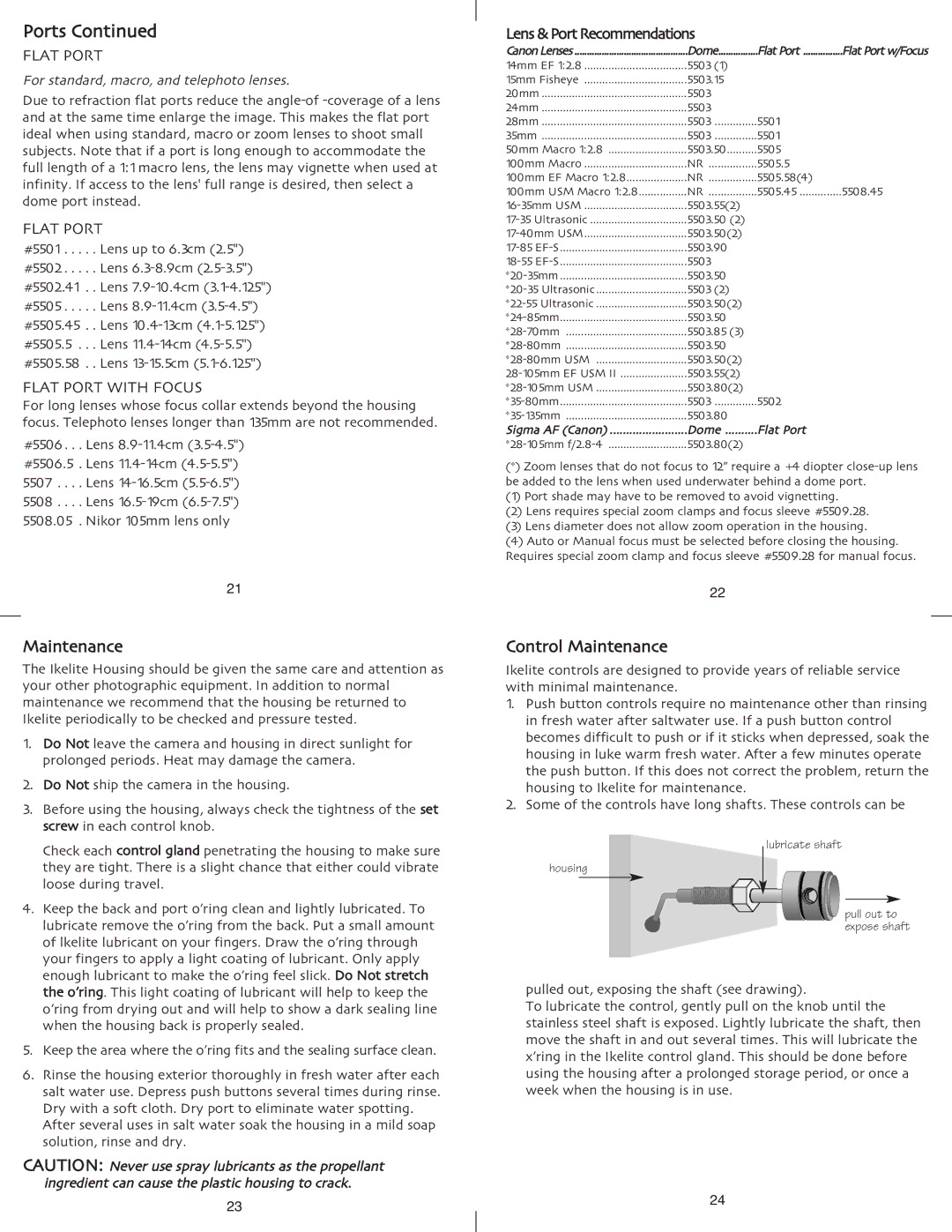 Ikelite EOS-40D instruction manual Control Maintenance, Flat Port with Focus 