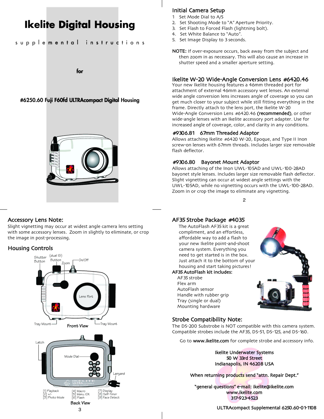 Ikelite F60fd manual Ikelite Digital Housing, Accessory Lens Note, Housing Controls, Strobe Compatibility Note 