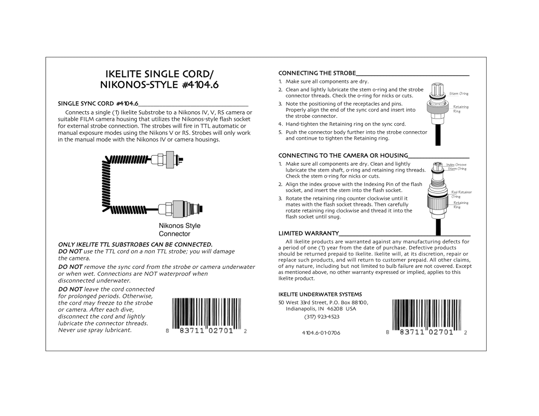 Ikelite Film Camera warranty Ikelite Single Cord NIKONOS-STYLE #4104.6, Nikonos Style Connector, Single Sync Cord #4104.6 