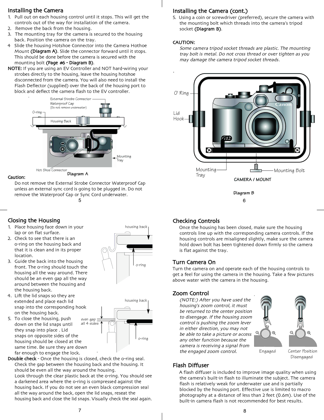 Ikelite G12 Installing the Camera, Closing the Housing, Checking Controls, Turn Camera On, Zoom Control, Flash Diffuser 