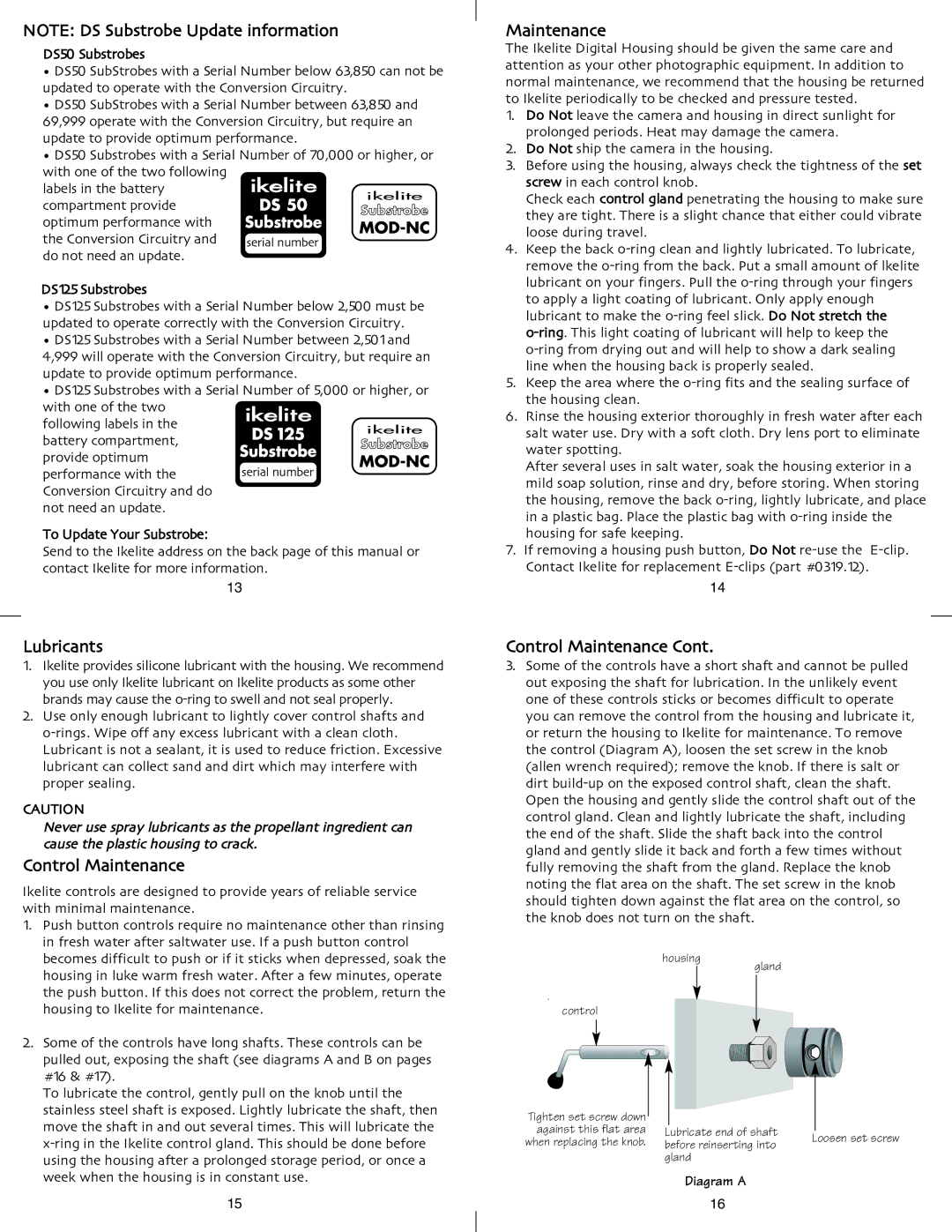 Ikelite G12, G11 instruction manual Lubricants, Control Maintenance 