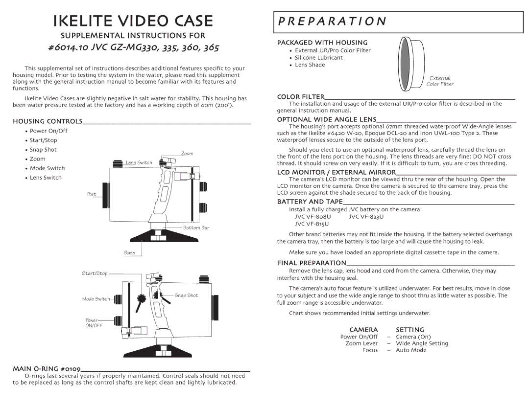 Ikelite GZ-MG-360, GZ-MG-330 instruction manual Ikelite Video Case, E P a R a T I O N, JVC Gzmg, Packaged with Housing 