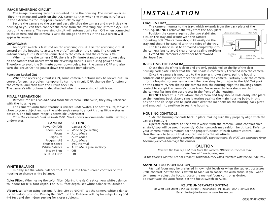 Ikelite HDR SR5 instruction manual S T a L L a T IO N, Camera Setting 