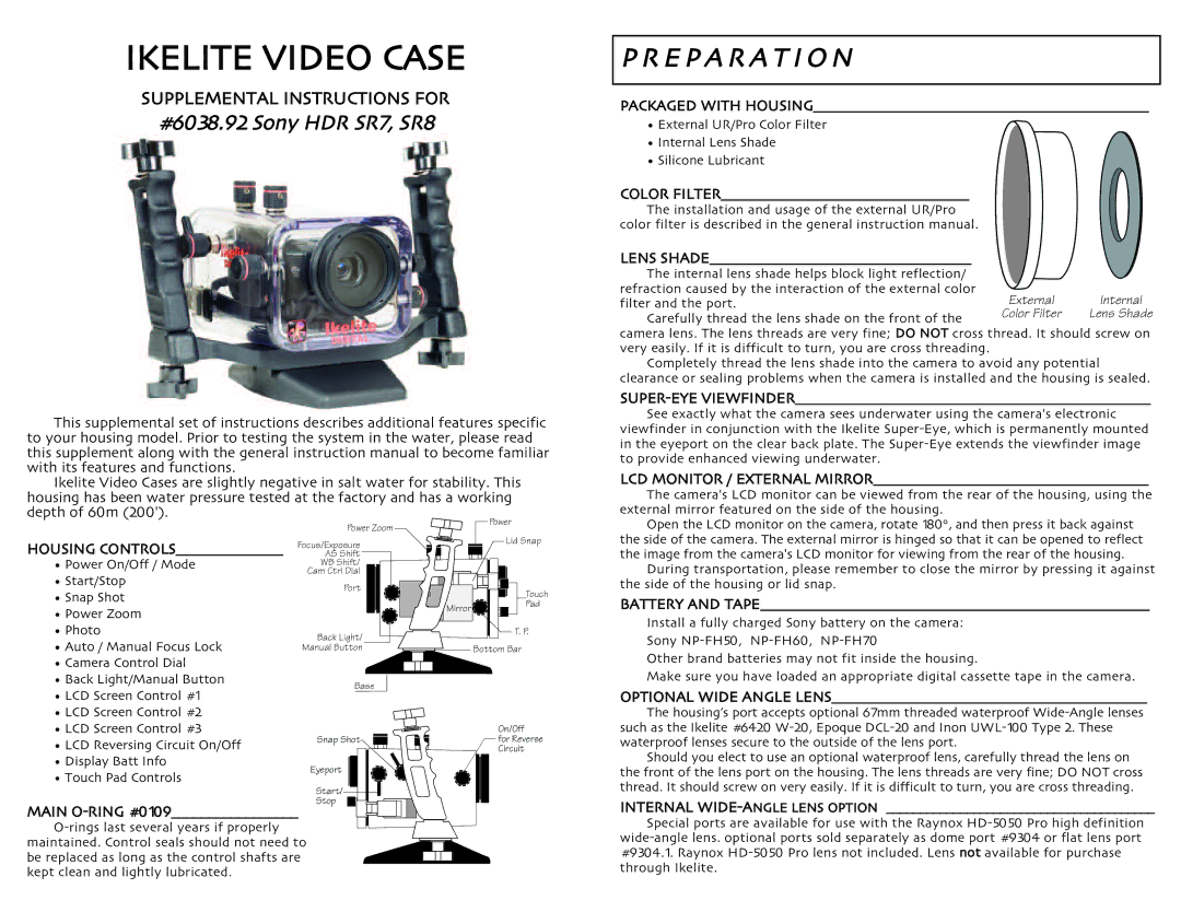 Ikelite HDR SR8 instruction manual Ikelite Video Case, E P a R a T IO N, #6038.92 Sony HDR SR7, SR8, Main O-RING #0109 