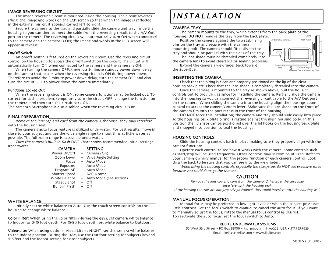 Ikelite HDR SR7, HDR SR8 instruction manual S T a L L a T IO N, Camera Setting 