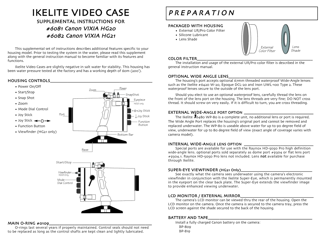 Ikelite HG-20 instruction manual Ikelite Video Case, E P a R a T I O N, Canon Vixia HG, Main Oring, Packaged with Housing 