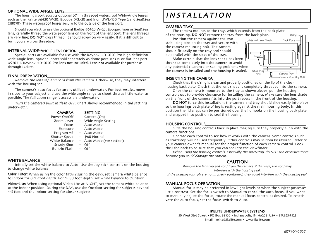 Ikelite HV-20 instruction manual S T a L L a T IO N, Optional Wide Angle Lens, Inserting the Camera 