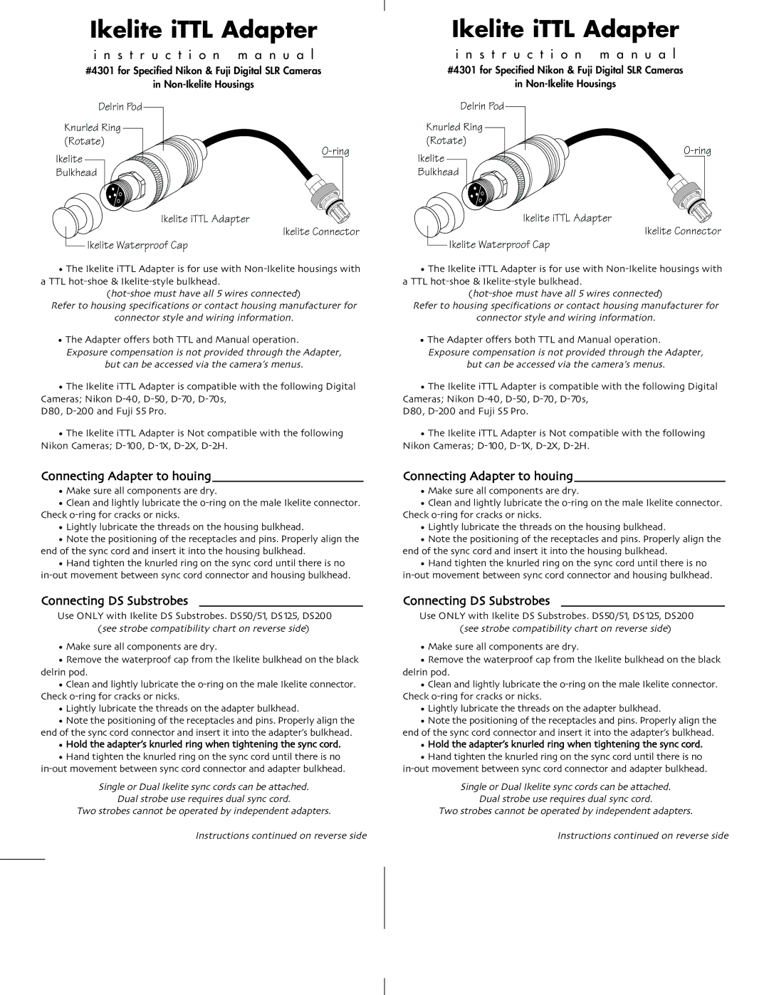 Ikelite instruction manual Ikelite iTTL Adapter, Nstruc Tio n ma Nual, Instru Ction Man ual 