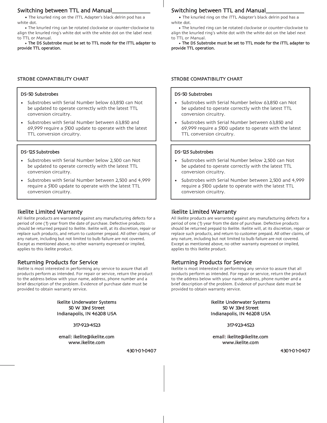 Ikelite iTTL instruction manual Switching between TTL and Manual, Ikelite Limited Warranty, Returning Products for Service 