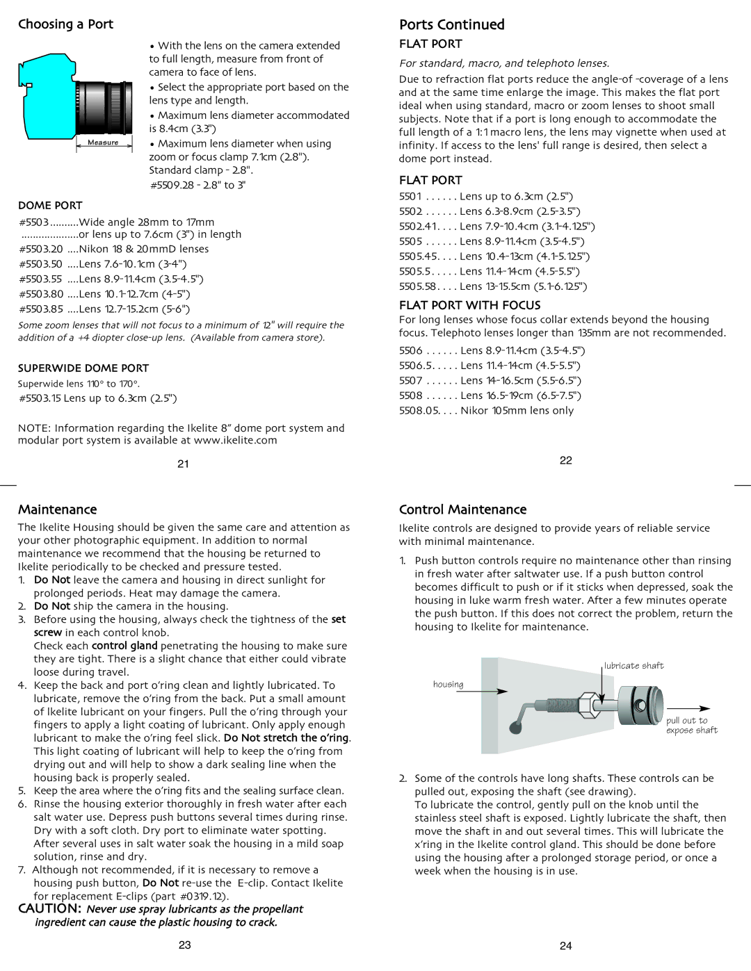 Ikelite Olympus E-3 instruction manual Ports, Choosing a Port, Control Maintenance 