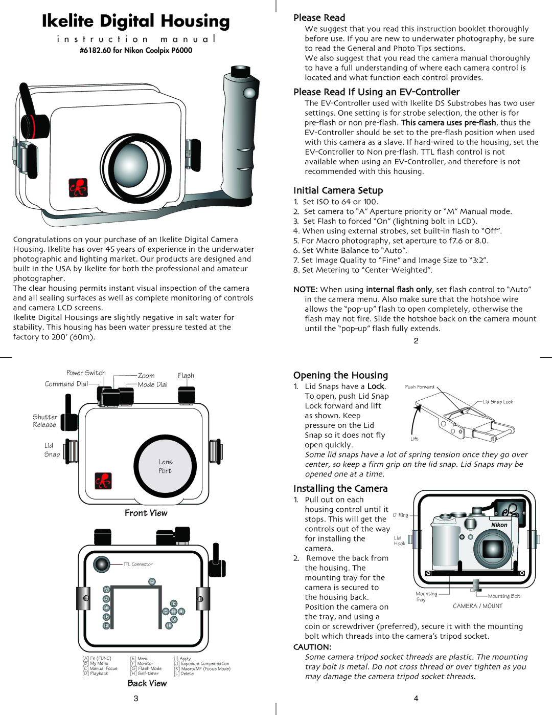 Ikelite P-6000 instruction manual Front View, Back View Please Read, Please Read If Using an EV-Controller 