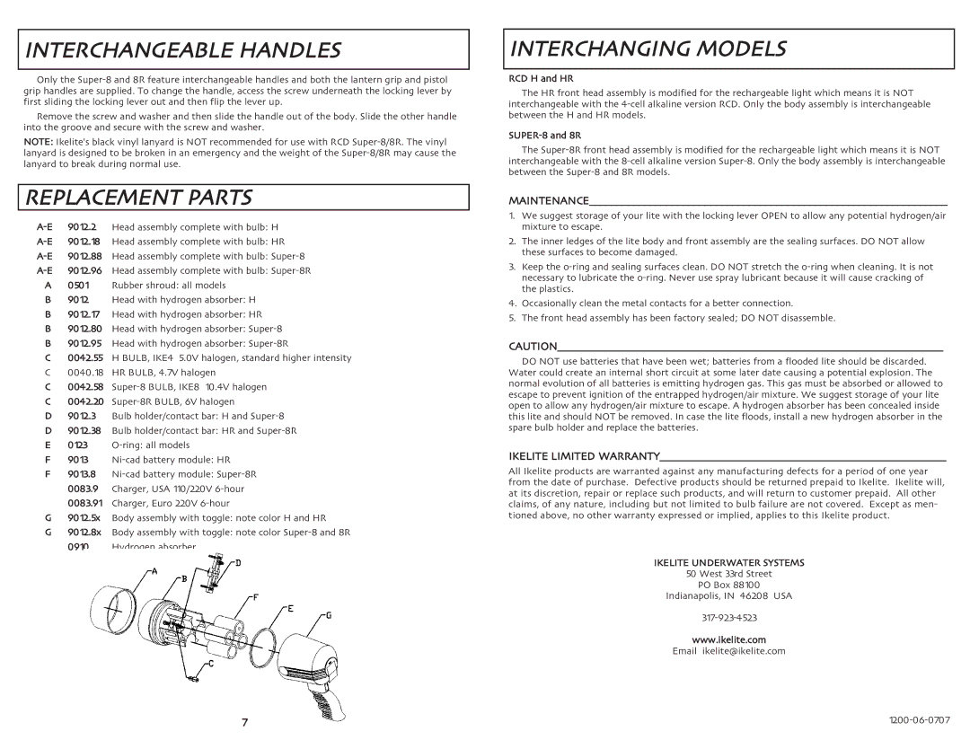 Ikelite RCD H manual Interchangeable Handles, Replacement Parts, Interchanging Models 