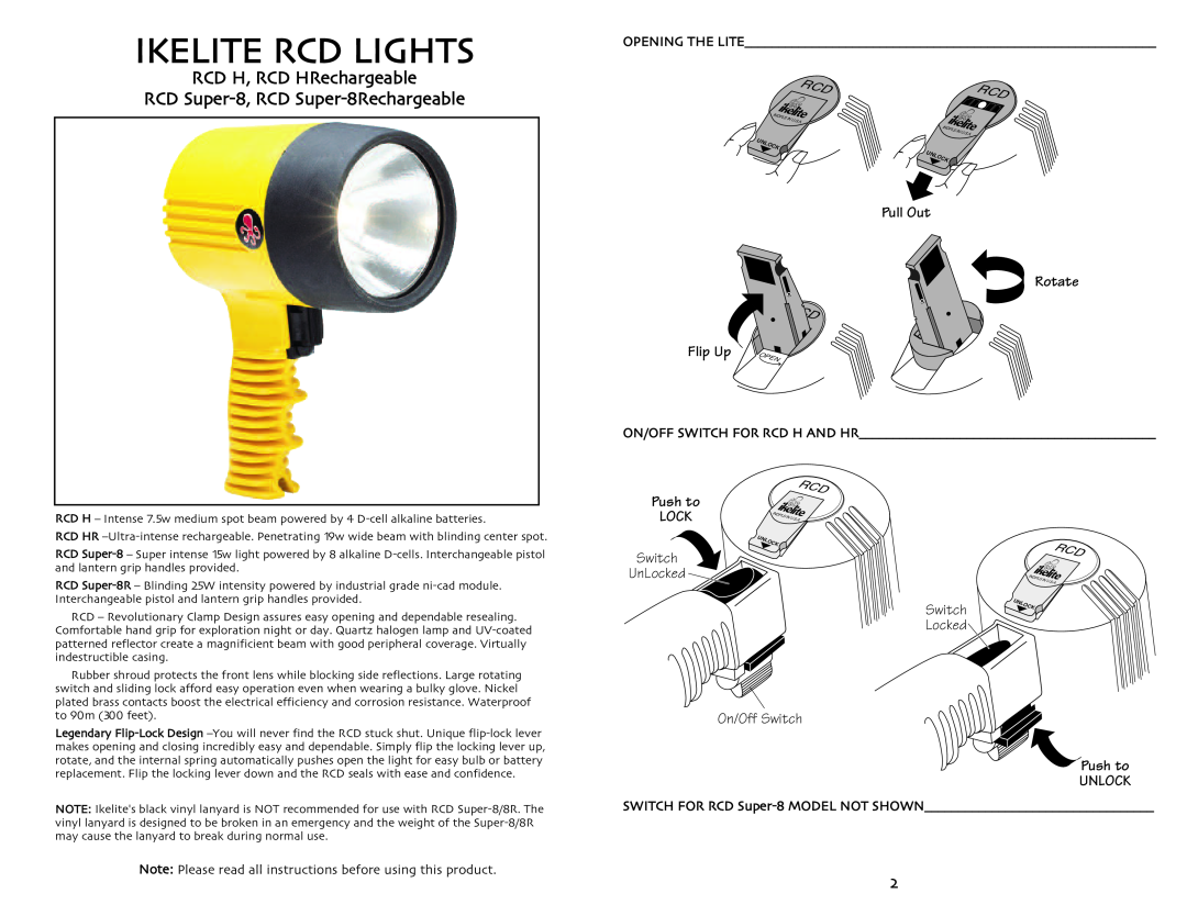 Ikelite manual Ikelite Rcd Lights, RCD H, RCD HRechargeable, RCD Super-8,RCD Super-8Rechargeable, Pull Out Rotate 
