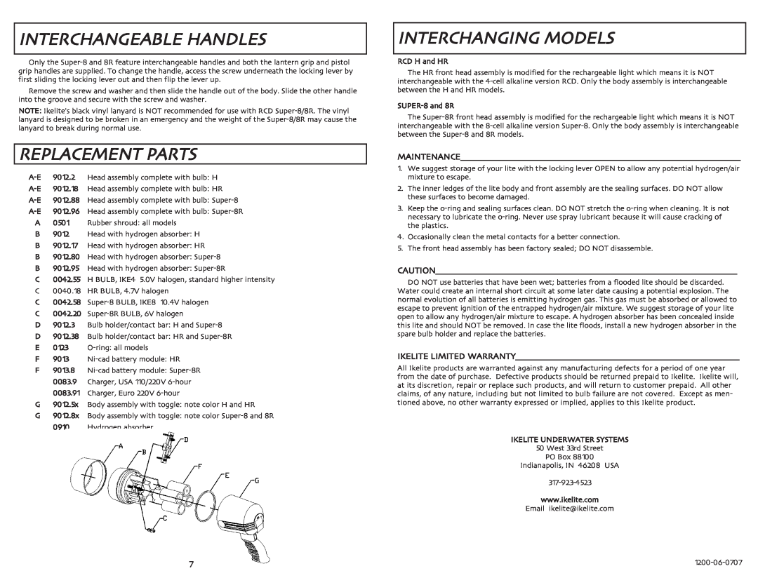 Ikelite RCD H manual Interchangeable Handles, Replacement Parts, Interchanging Models 