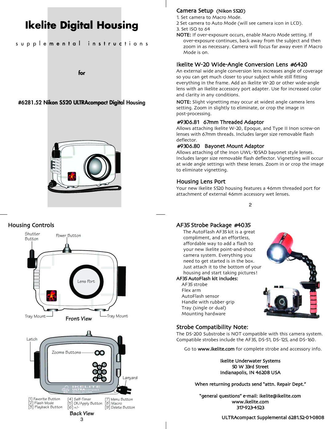 Ikelite manual Ikelite Digital Housing, Front View, Back3View Camera Setup Nikon S520 