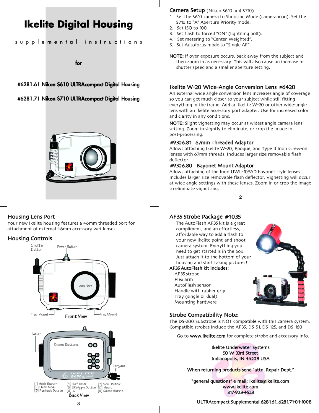 Ikelite S610 manual Ikelite Digital Housing, Housing Lens Port, Ikelite W-20 Wide-Angle Conversion Lens #6420, Back View 